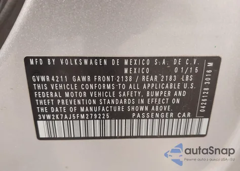 2015 Volkswagen Jetta 2.0L S из США, поврежденный, VIN 3VW2K7AJ5FM279225